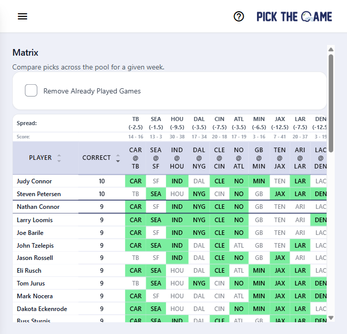 PickTheGame matrix view comparing pool picks across the week.