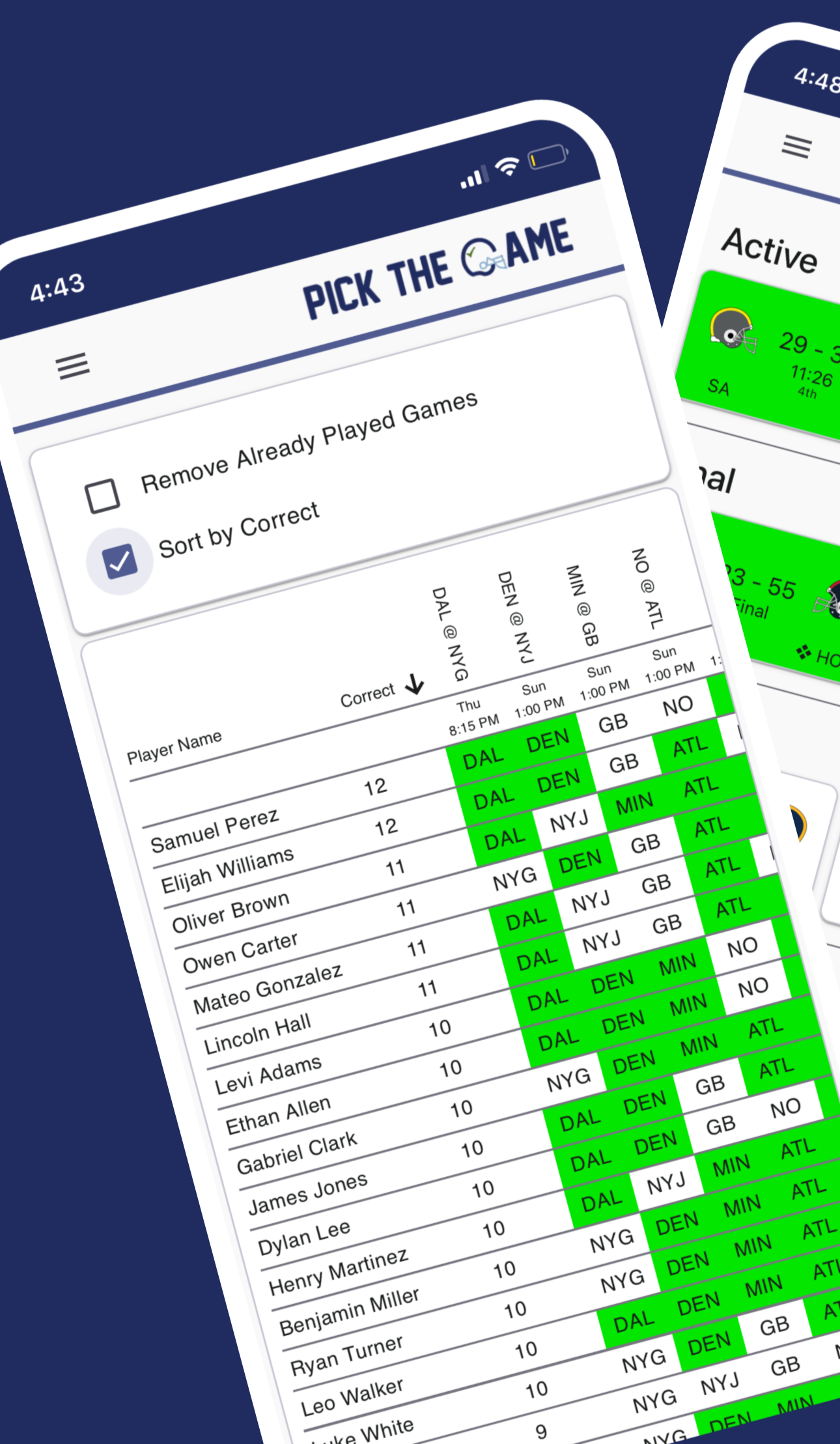 PickTheGame app screen showing pool activity on mobile.