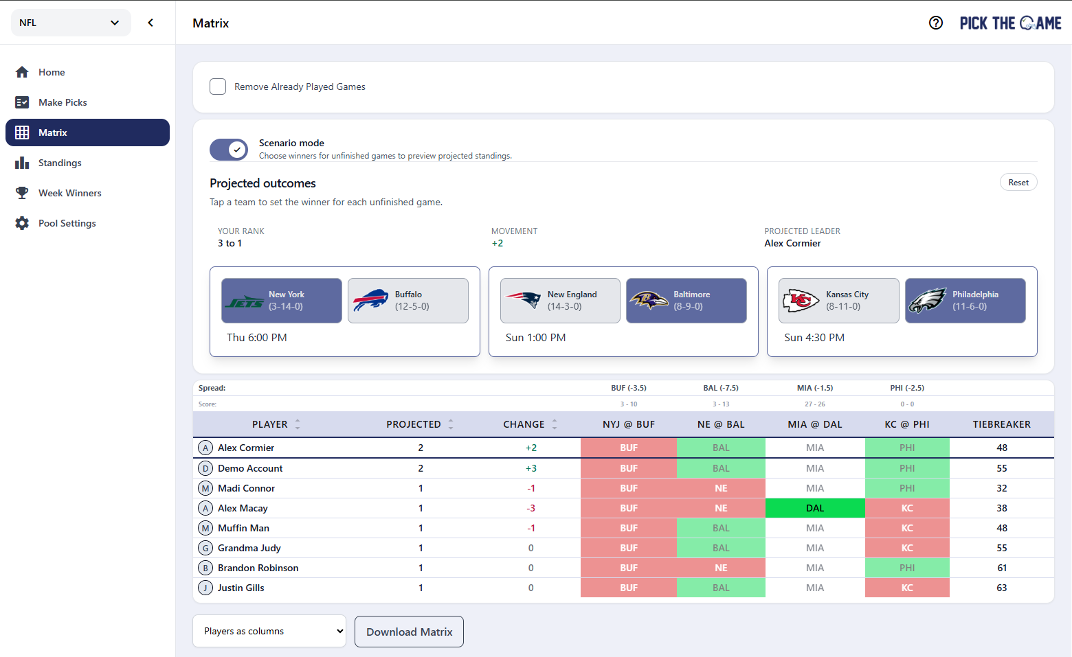 PickTheGame Scenario mode in Matrix view showing projected outcomes, projected leader, and standings changes for unfinished games.