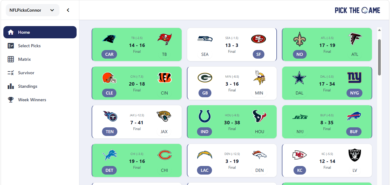 PickTheGame Pick'em home page showing a weekly grid of matchups and results.